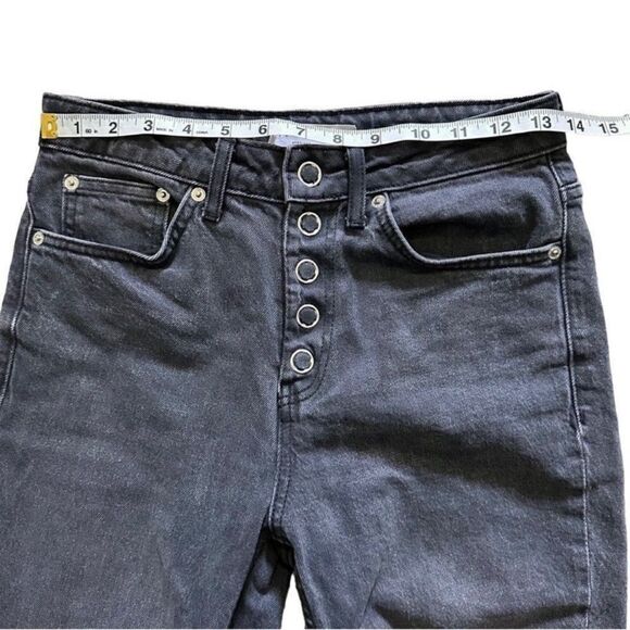 Topshop Straight Raw Hem Black Denim Popper Snap Cropped High Waist Jeans Sz 28 - Picture 7 of 10
